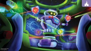 Concept art of Buddy the robot from Buzz Lightyear’s Space Ranger Spin surrounded by interactive targets and laser effects inside a futuristic spacecraft.
