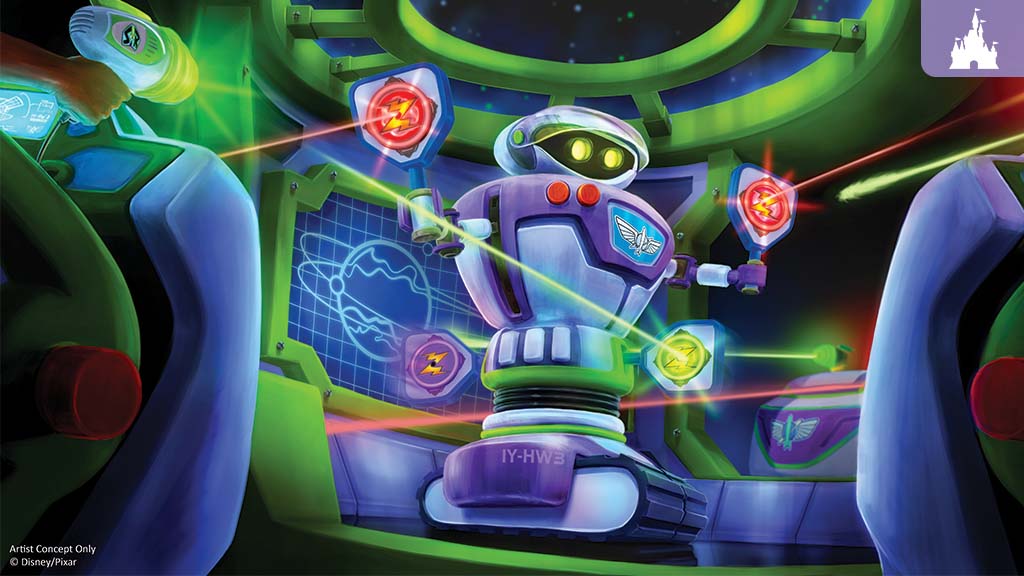 walt-disney-world-buzz-lightyear-updates Concept art of Buddy the robot from Buzz Lightyear’s Space Ranger Spin surrounded by interactive targets and laser effects inside a futuristic spacecraft.