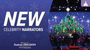 Text overlay announces "New Celebrity Narrators" above a festive scene with a decorated Christmas tree and performers in holiday attire.
