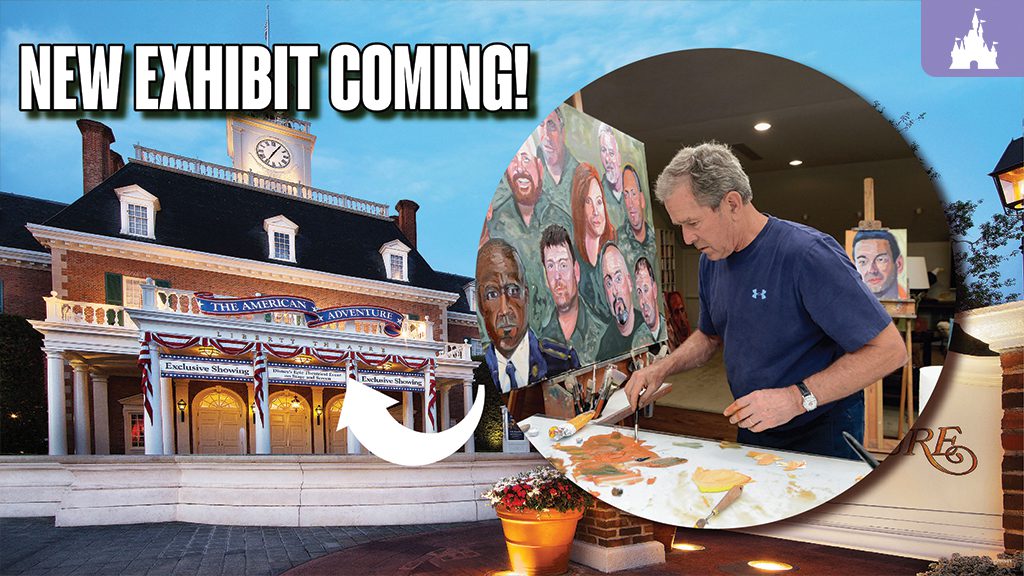 A sign announces a new exhibit. An artist paints portraits in a studio, showcasing his work in an attractive indoor setting.