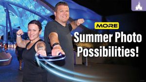A man and a woman, both smiling, pose with outstretched arms in front of a modern, illuminated backdrop. Text reads "More Summer Photo Possibilities!"