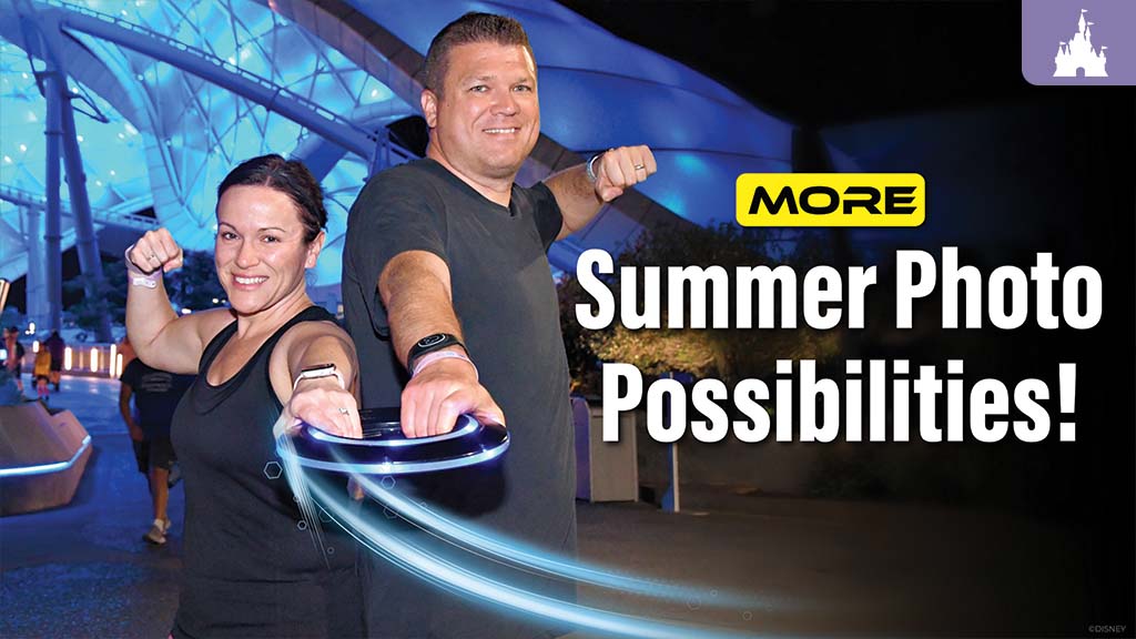 A man and a woman, both smiling, pose with outstretched arms in front of a modern, illuminated backdrop. Text reads "More Summer Photo Possibilities!"