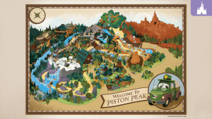 Illustrated map of Piston Peak at Magic Kingdom featuring mountains, waterfalls, forest trails, and Cars-themed attractions with a “Welcome to Piston Peak” sign.