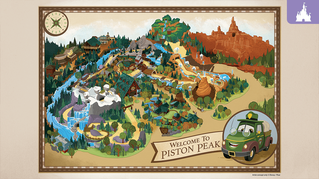 Illustrated map of Piston Peak at Magic Kingdom featuring mountains, waterfalls, forest trails, and Cars-themed attractions with a “Welcome to Piston Peak” sign.