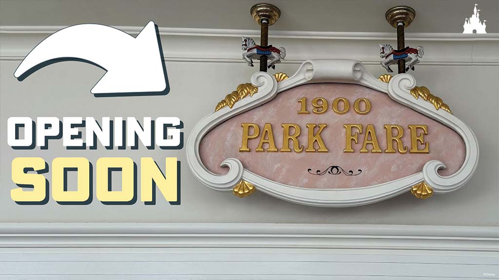 A decorative sign reading "1900 PARK FARE," with an arrow pointing left, and the words "OPENING SOON" in bold yellow text.