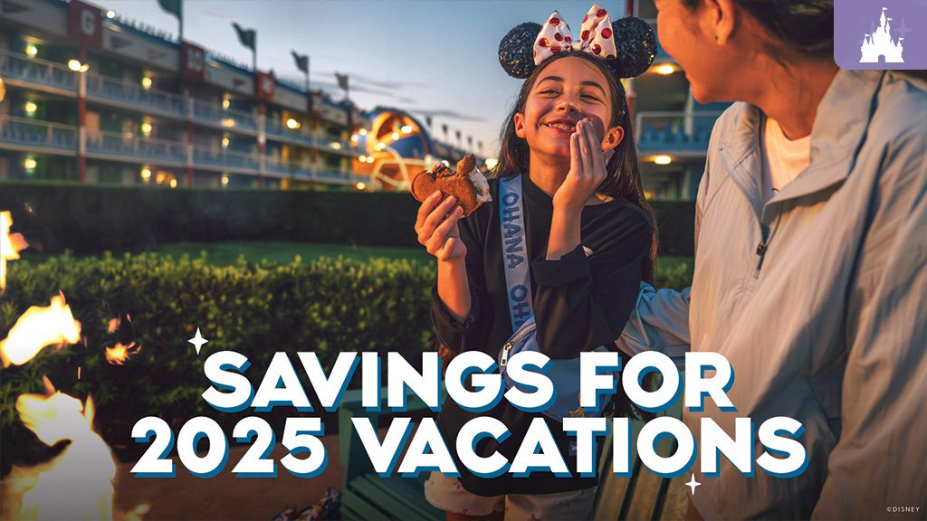 walt-disney-world-resort-2025-savings A young girl wearing Mickey Mouse ears smiles while enjoying a snack at a Disney Resort, with her parent beside her. The backdrop features the resort’s playful atmosphere, and the text "Savings for 2025 Vacations" is displayed prominently at the bottom.
