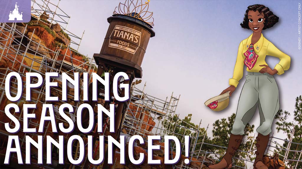 walt-disney-world-resort-tianas-bayou-adventure-opening-summer-2024 A construction site with scaffolding features a sign for "Tiana's," alongside a character holding a basket, announcing "Opening Season!"