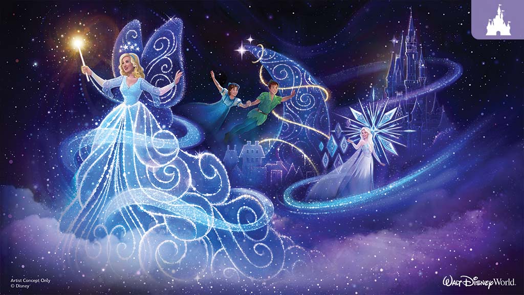 Concept art of the Disney Starlight parade featuring the Blue Fairy, Peter Pan, Wendy, and Elsa amid sparkling magical trails and a starry night sky.