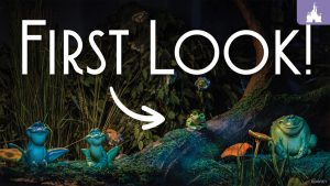 A whimsical scene featuring brightly colored frogs among lush greenery, with text reading "First Look!" and an arrow pointing to one frog.