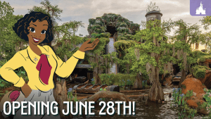 A cheerful character in a yellow shirt points to a lush, green landscape with a waterfall, promoting an opening on June 28th.