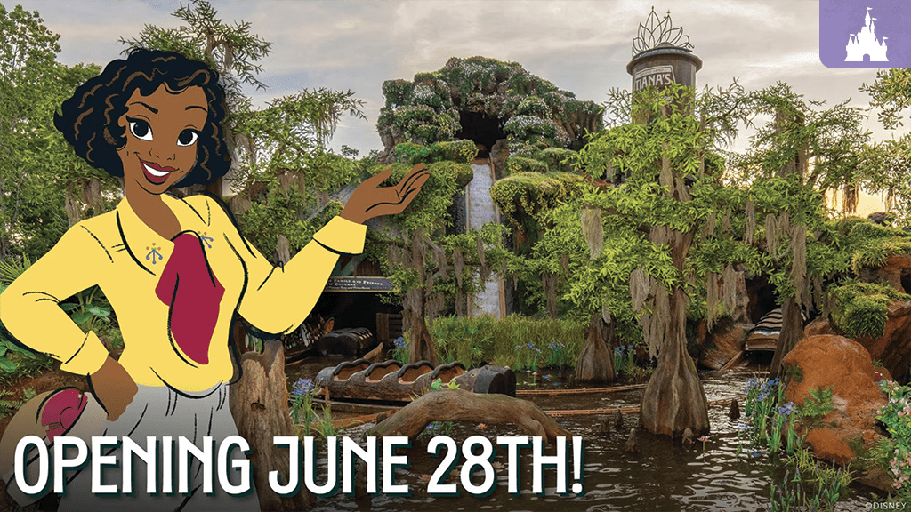 A cheerful character in a yellow shirt points to a lush, green landscape with a waterfall, promoting an opening on June 28th.